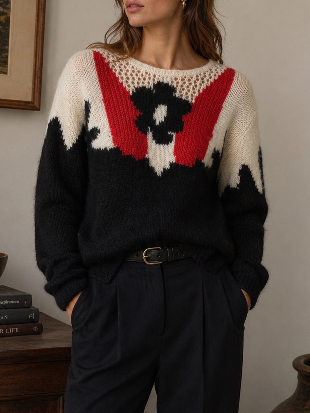 80’s angora mohair Lindor Scott Sweater Open Knit Graphic flower Kawaii small